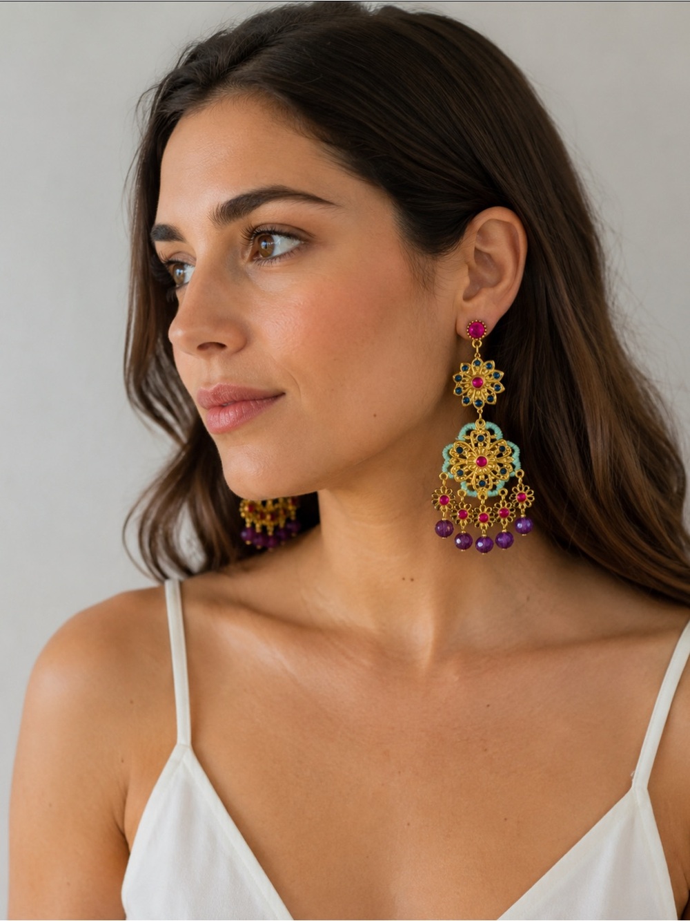 Gold-Tone Floral Drop Earrings with Fuchsia and Amethyst Accents